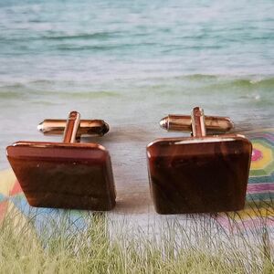 Vintage Square Glass Cufflinks Brown Marbled "Gold Toned"